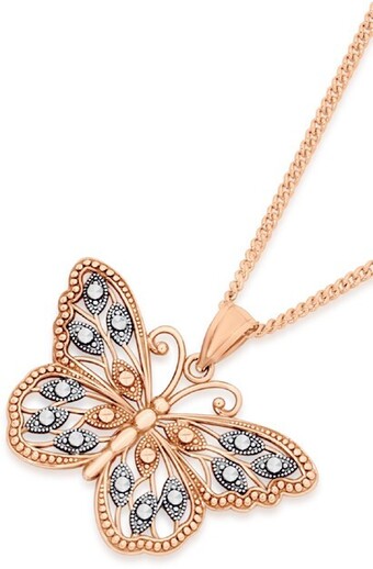 Angus & Coote 9ct rose gold filigree butterfly pendant offer