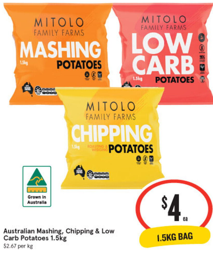 Australian Mashing, Chipping & Low Carb Potatoes 1.5Kg offer at IGA