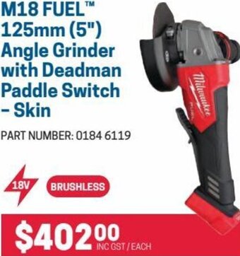 M18 Fuel 125mm Angle Grinder with Deadman Paddle Switch-Skin