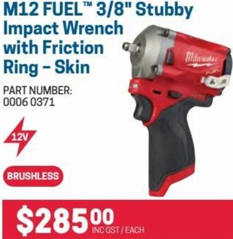 M12 Fuel 3/8 Stubby Impact Wrench with Friction Ring-Skin