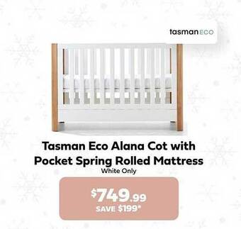 Tasman eco alana cot with pocket spring rolled mattress