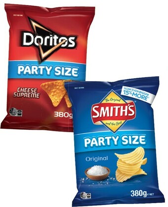 IGA Smith's Crinkle Cut or Doritos Corn Chips Party Size 380g Selected Varieties offer