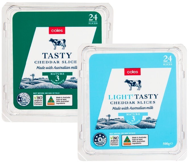 Coles cheese slices tasty or light tasty 24 pack 500g offer at Coles