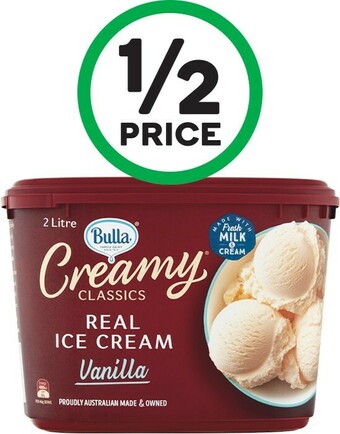 Woolworths Bulla Creamy Classics Ice Cream 2 Litre or Bulla Creamy Classics Sandwiches 560ml Pk 4 offer