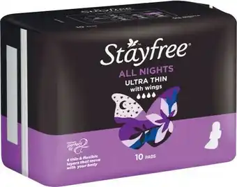 Coles Stayfree All Nights Ultra Thin Pads with Wings 10 Pack offer