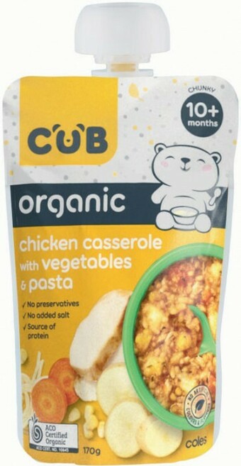 Coles CUB Organic Chicken Casserole with Vegetables & Pasta Pouch 10m+ 170g offer