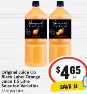 IGA Original Juice Co Black Label Orange Juice 1.5 Litre Selected Varieties offer