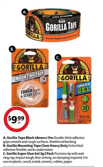 Coles Gorilla tape black 48mm x 11mm, gorilla mounting tape clear heavy duty or gorilla super glue gel 3g 2 pack offer