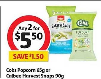Coles Cobs popcorn 65g or calbee harvest snaps 90g offer