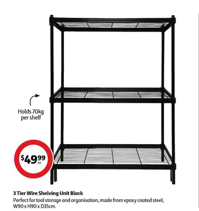 3 tier wire shelving unit black offer at Coles