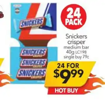 Cheap as Chips Snickers Crisper Medium Bar 40g offer