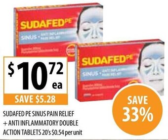 Supabarn Sudafed Pe Sinus Pain Relief + Anti Inflammatory Double Action Tablets 20's offer