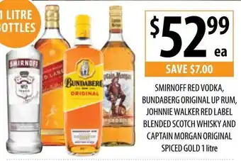 Supabarn Smifnoff Red Vodka, Bundaberg Original Up Rum, Johnnie Walker Red Label Blended Scotch Whisky And Captain Morgan Original offer