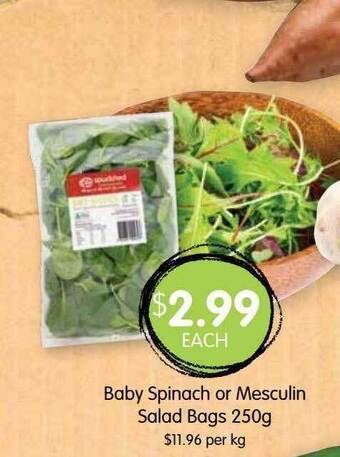 Spudshed Baby spinach or mesculin salad bags offer
