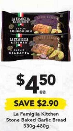 Drakes La famiglia kitchen stone baked garlic bread 330g-480g offer
