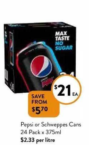 Foodworks Pepsi or schweppes cans offer