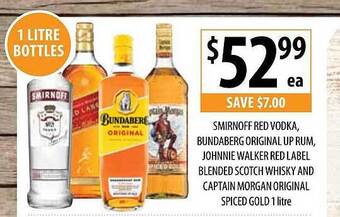 Smirnoff red vodka, bundaberg original up rum, johnnie walker red label blended scotch whisky and captain morgan original spi