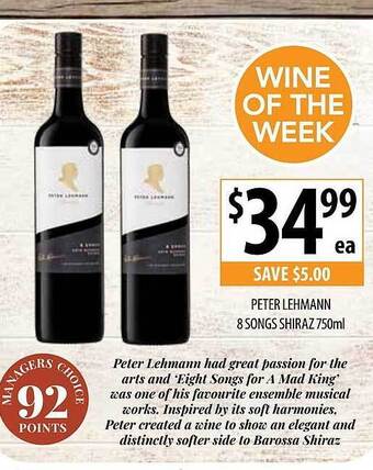 Supabarn Peter lehmann 8 songs shiraz 750ml offer