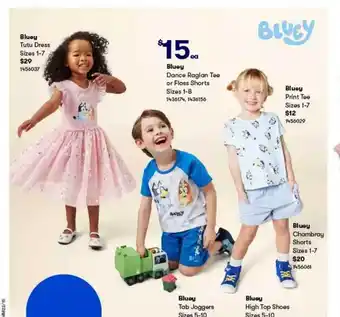 BIG W Bluey tutu dress, bluey dance raglan tee or floss shorts, bluey print tee, bluey chambray shorts, bluey high top shoes or blu offer