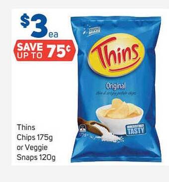 Foodland Thins chips 175g or veggie snaps 120g offer