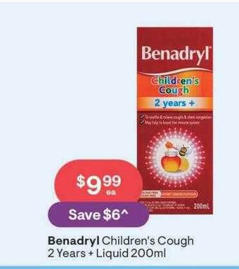 Discount Drug Stores Benadryl children's cough 2 years + liquid 200ml offer
