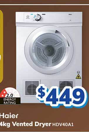 Bi-Rite Haier 4kg vented dryer hdv40a1 offer