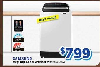 Bi-Rite Samsung 9kg top load washer wa90t6250bw offer