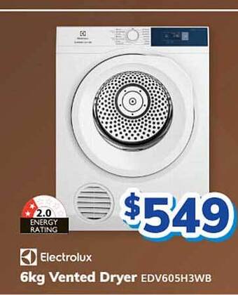 Bi-Rite Electrolux 6kg vented dryer edv605h3wb offer