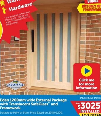 Doors Plus Eden 1200mm Wide External Package With Translucent Safeglass And Framework offer