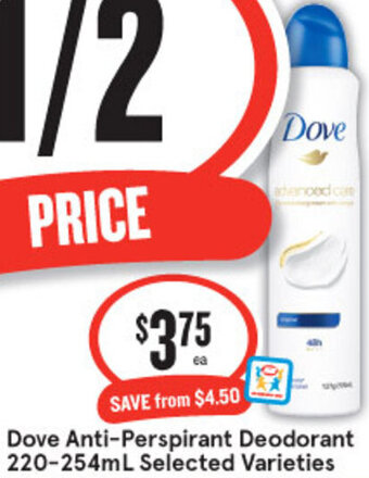 IGA Dove Anti-Perspirant Deodorant 220-254ml Selected Varieties offer