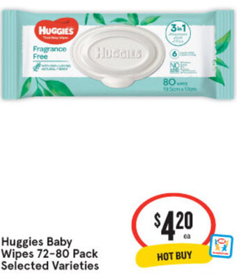 IGA Huggies Baby Wipes 72-80 Pack Selected Varieties offer