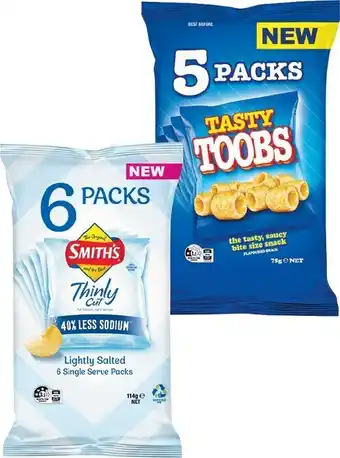 Woolworths Smith’s thinly cut lightly salted pk 6 or toobs multipack pk 5 offer
