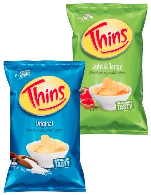 Thins potato chips 150g175g or veggie snaps 120g offer at Coles