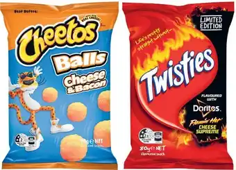 Coles Twisties, burger rings or cheetos snacks 80g-90g offer