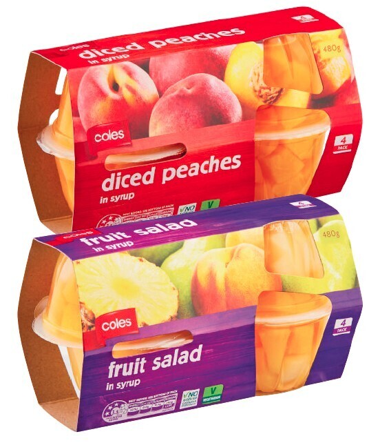 Coles fruit in syrup cups 4 pack 480g offer at Coles