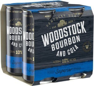 Coles Woodstock bourbon & cola 10% cans 4x200ml offer