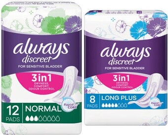 Coles Always discreet for sensitive bladder normal pads 12 pack or long plus pads 8 pack offer