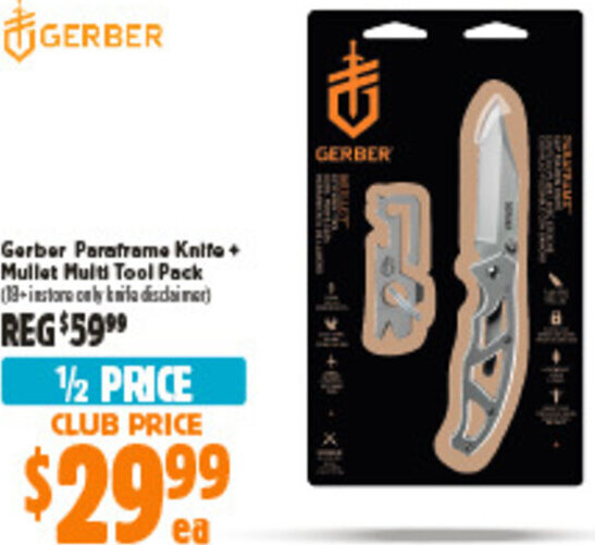 Gerber Paraframe knife + Mullet Multi Tool Pack offer at Anaconda