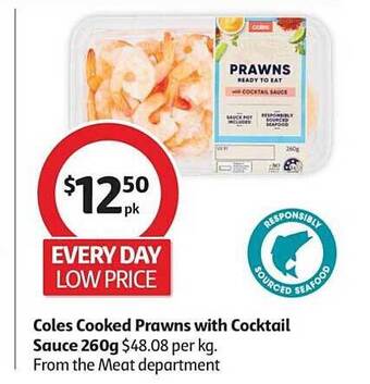 Coles Coles cooked prawns with cocktail sauce offer