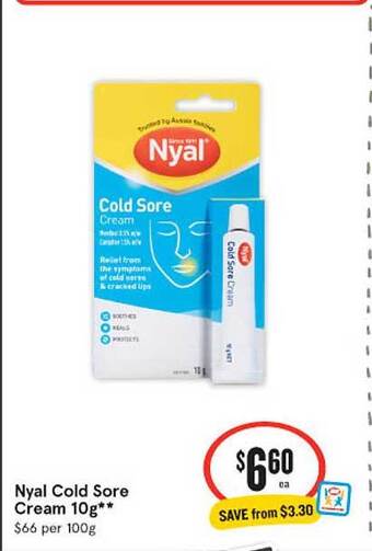 IGA Nyal cold sore cream 10g offer