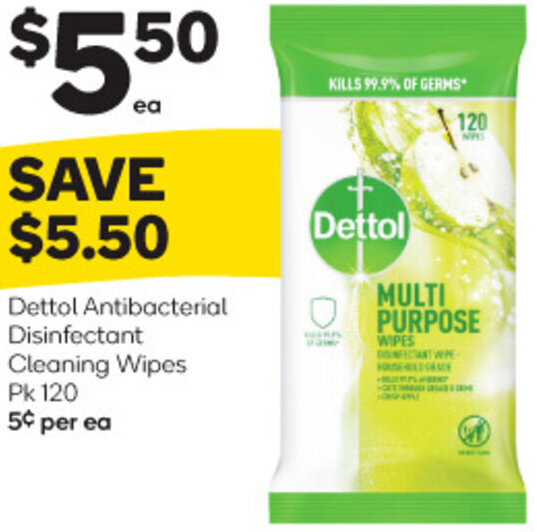 Dettol Antibacterial Disinfectant Cleaning Wipes Pk 120 offer at Woolworths