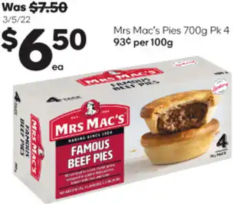Woolworths Mrs Mac's Pies 700g Pk 4 offer