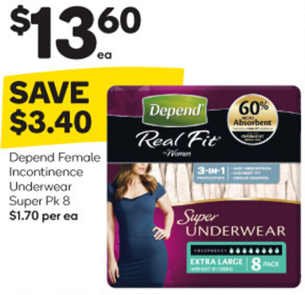 Depend Female Incontinence Underwear Super Pk 8 offer at Woolworths