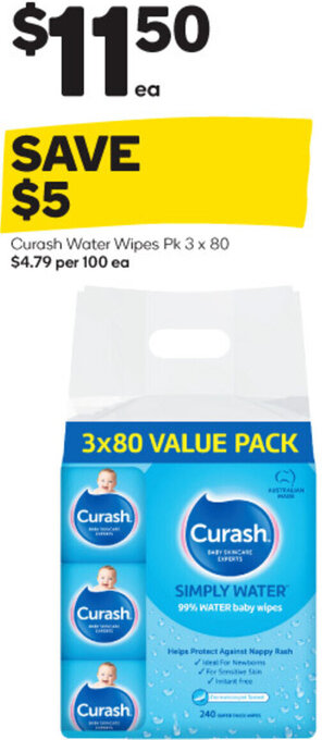 Woolworths Curash Water Wipes Pk 3 x 80 offer