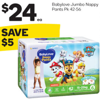 Woolworths Babylove Jumbo Nappy Pants Pk 42-56 offer
