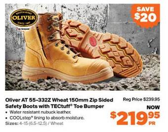 RSEA Safety Oliver at 55-332z wheat 150mm zip sided safety boots with tectuff toe bumper offer