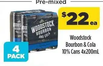 Liquorland Woodstock bourbon & cola 10% cans 4x200ml offer