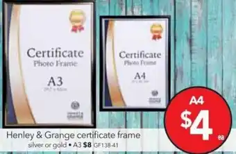 Cheap as Chips Henley & Grange Certificate Frame offer