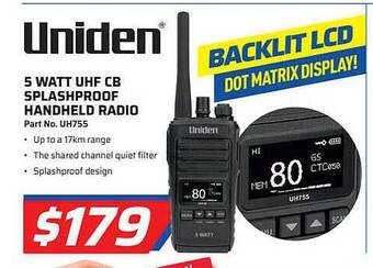 Auto One Uniden 5 watt uhf cb splashproof handheld radio offer
