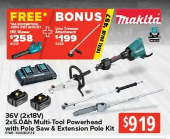 Total Tools Makita 36v (2x18v) 2x5.0ah multi tool powerhead with pole saw & extension pole kit offer